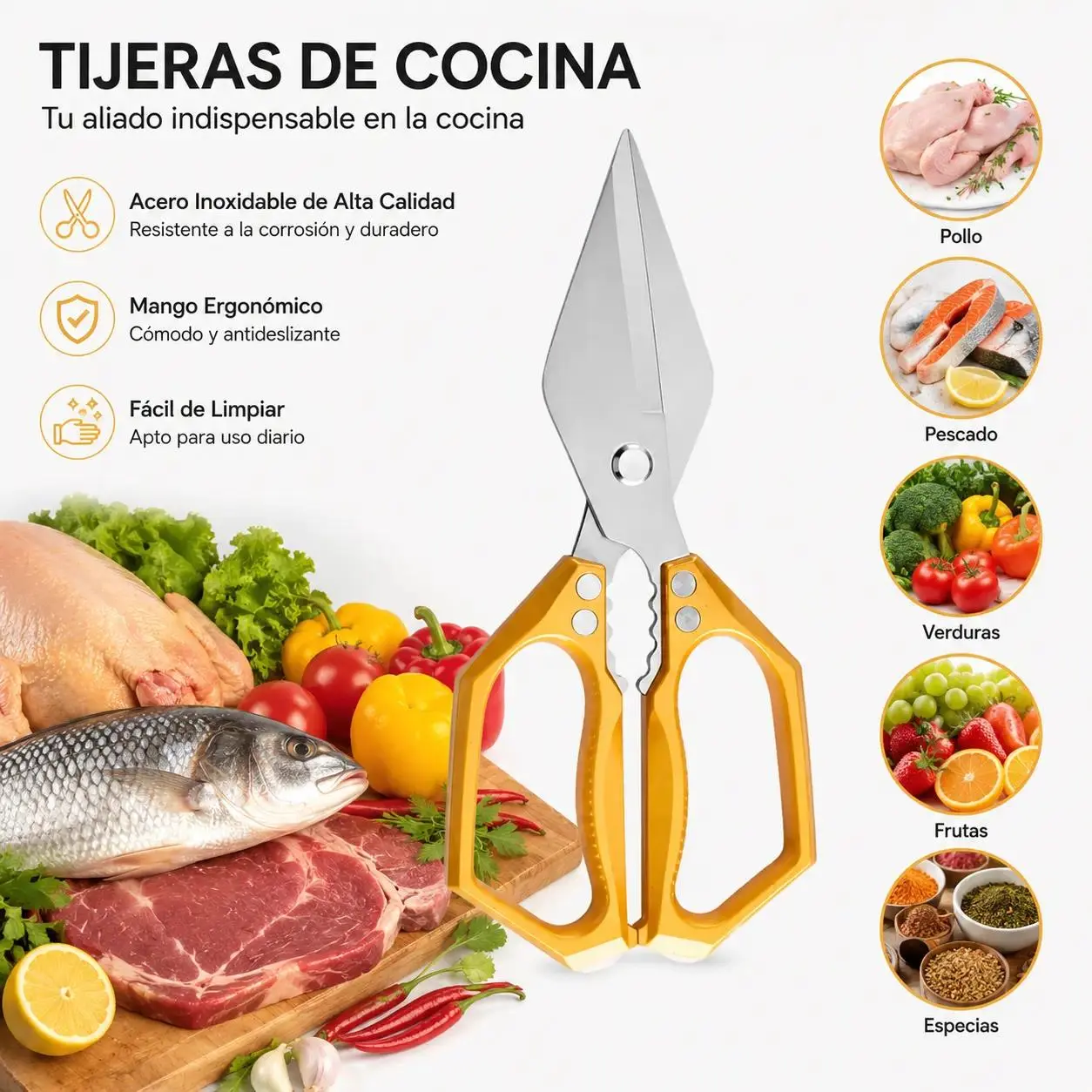 Golden Large-Blade Heavy-Duty Kitchen Scissors, Stainless Steel Extra-Large Blades for Chicken Bone Cutting, Portable Clip-Equipped Kitchenware