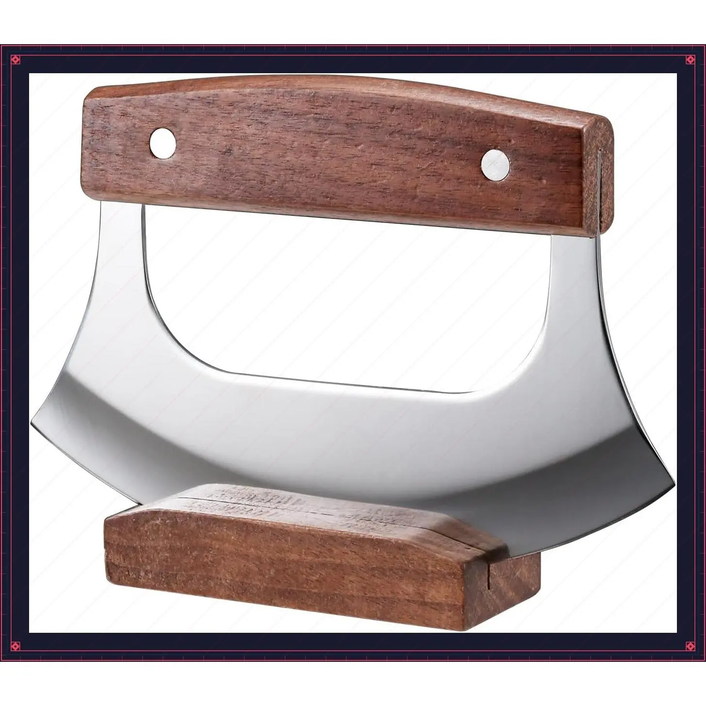 Ulu Knife with Stand - Stainless Steel Blade, Walnut Wood Handle, Sharp Rocker Mezzaluna for Cutting Pizza, Meat, Vegetables, Herb Salad - Kitchen Essentials Accessories and Gadgets ToolsGift