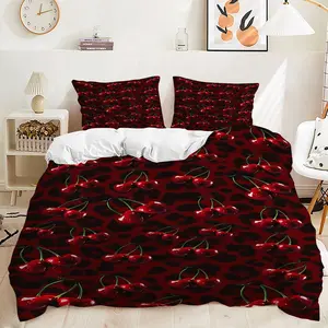 Heavy‑Duty Y2K Cherry‑Leopard Bedding Set, 2/3pcs No Filling, HD Dark Red Cherry Artwork Duvet Cover Set, Perfect for Daily Bedroom Use, Holiday Guest Room, Coquette‑Style, Teen Girls Dormitory