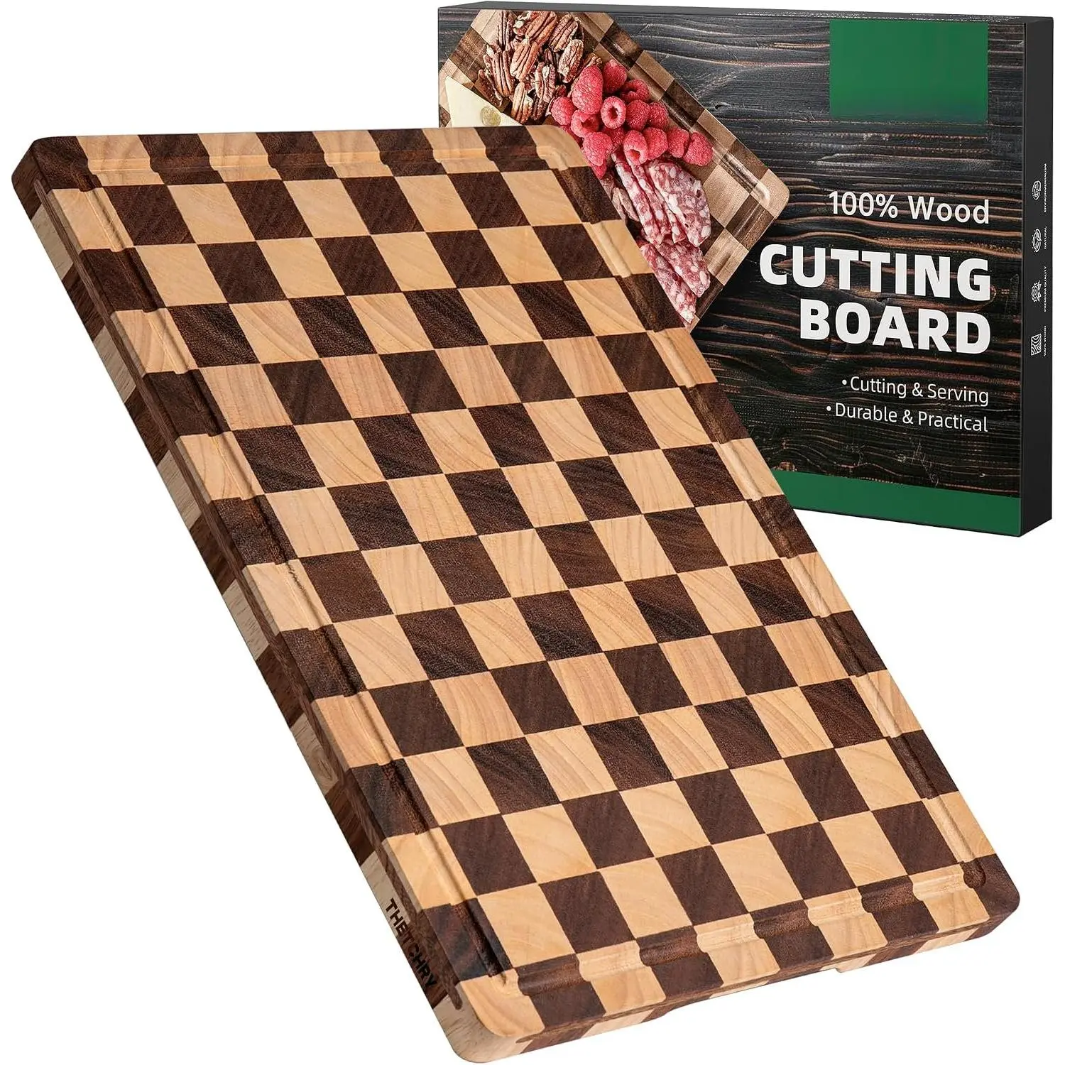 Boards for Kitchen, Checkered Wooden Chopping Board Structural Upgraded, Walnut  Board with Juice Grooves & Handles, Butcher Block Serving Tray with  Box, 17"X 12"X 0.8"