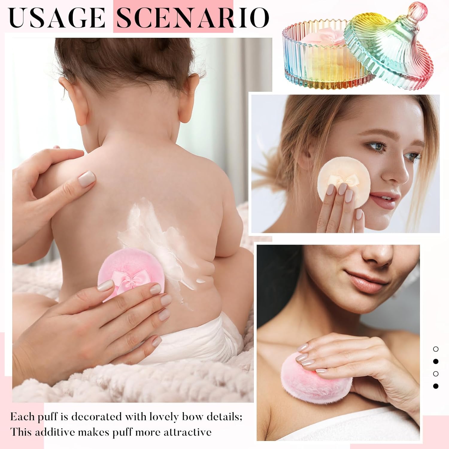 1 2 Body Powder Suction Cups 1 Glass Container Dry Cosmetic Powder Applicator with Dust Proof Cover Amber Iridescent Party Gift