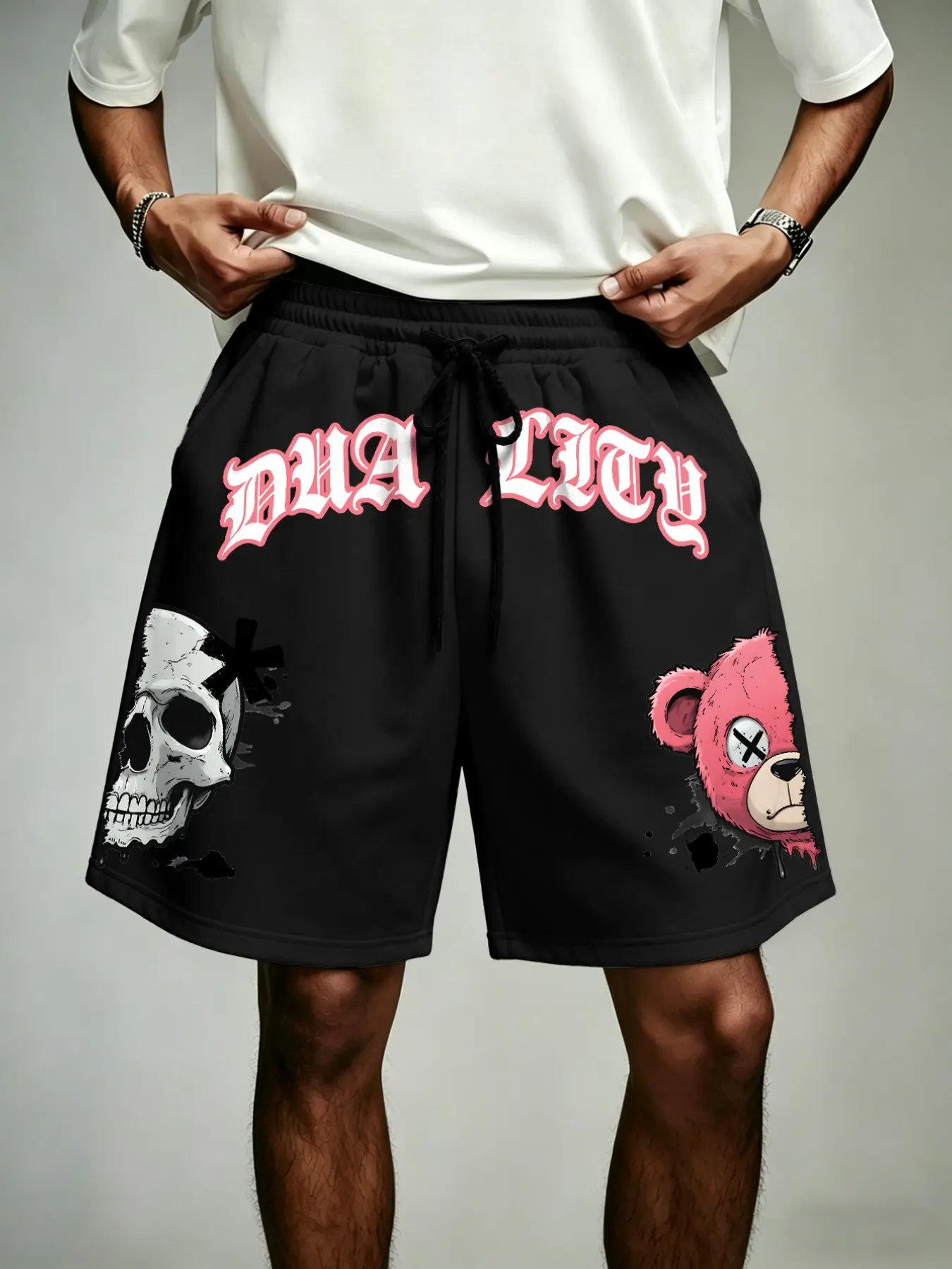 Men's Street Style Loose Fit Shorts, Gothic Skull Bear Print, Drawstring Waist, Pockets, Casual Wear, Home, Work, Sports