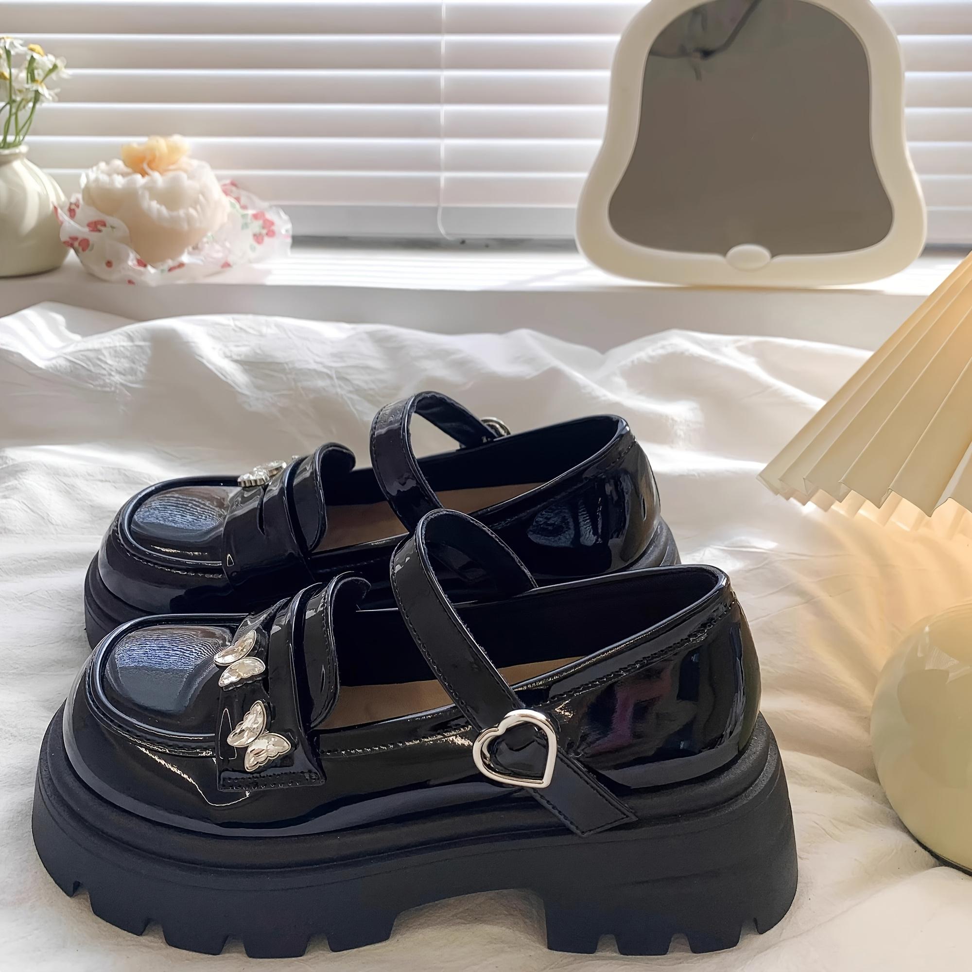 Girls' Mary Jane Shoes with Butterfly Decoration, Patent Leather Thick Sole with Velcro, Casual Lolita Style, Girls' Daily Shoes