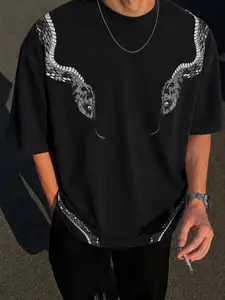 Vintage Minimalist Snake Print Loose Short Sleeve T-Shirt, Breathable Fabric, Casual Daily Wear, Outdoor Skateboarding, All Seasons