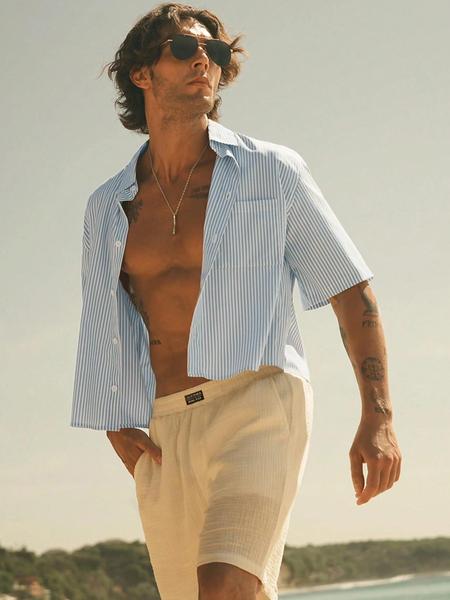 Men's Slim Fit Woven Striped Short Sleeve Casual Blue Shirt