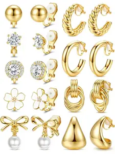 Clip On Earrings for Women 14K Gold Plated Clip Earrings Non Pierced Ears Clips CZ Pearl Knot Twist Chunky Hoop and Studs Earring Set Hypoallergenic Fake Earings Jewelry