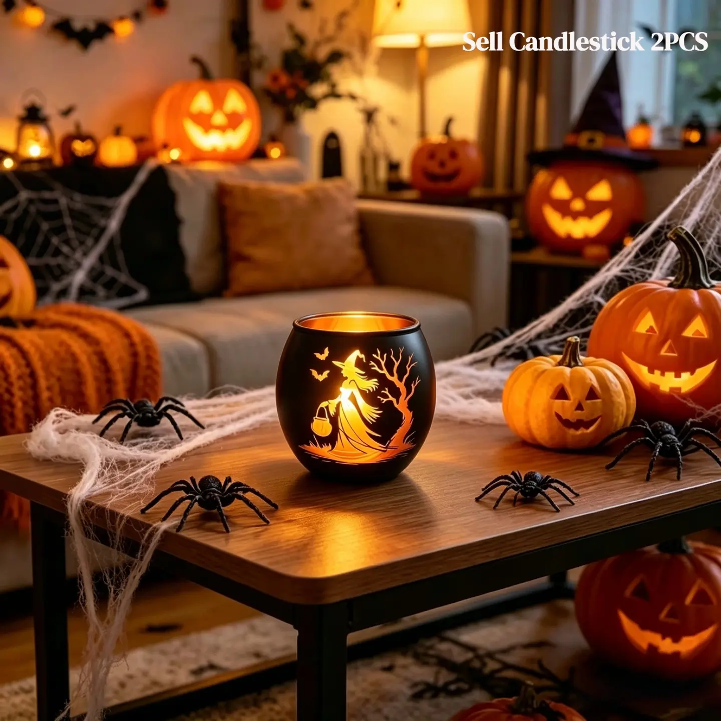 2pcs Halloween Witch Black And Golden Glass Candlestick, Featuring Spooky Silhouette Witch, Bat And Tree Silhouettes Candle Holder, Suitable for Home, Tabletop, Party, Indoor Decor, Halloween Decoration, Autumn Harvest Thanksgiving Decor