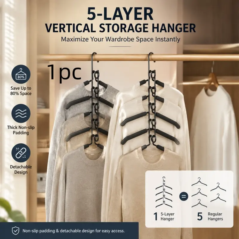 5-Tier Vertical Clothes Hanger, anti-slip design, holds five garments per piece. Greatly improves wardrobe utilization and saves 80% storage space.