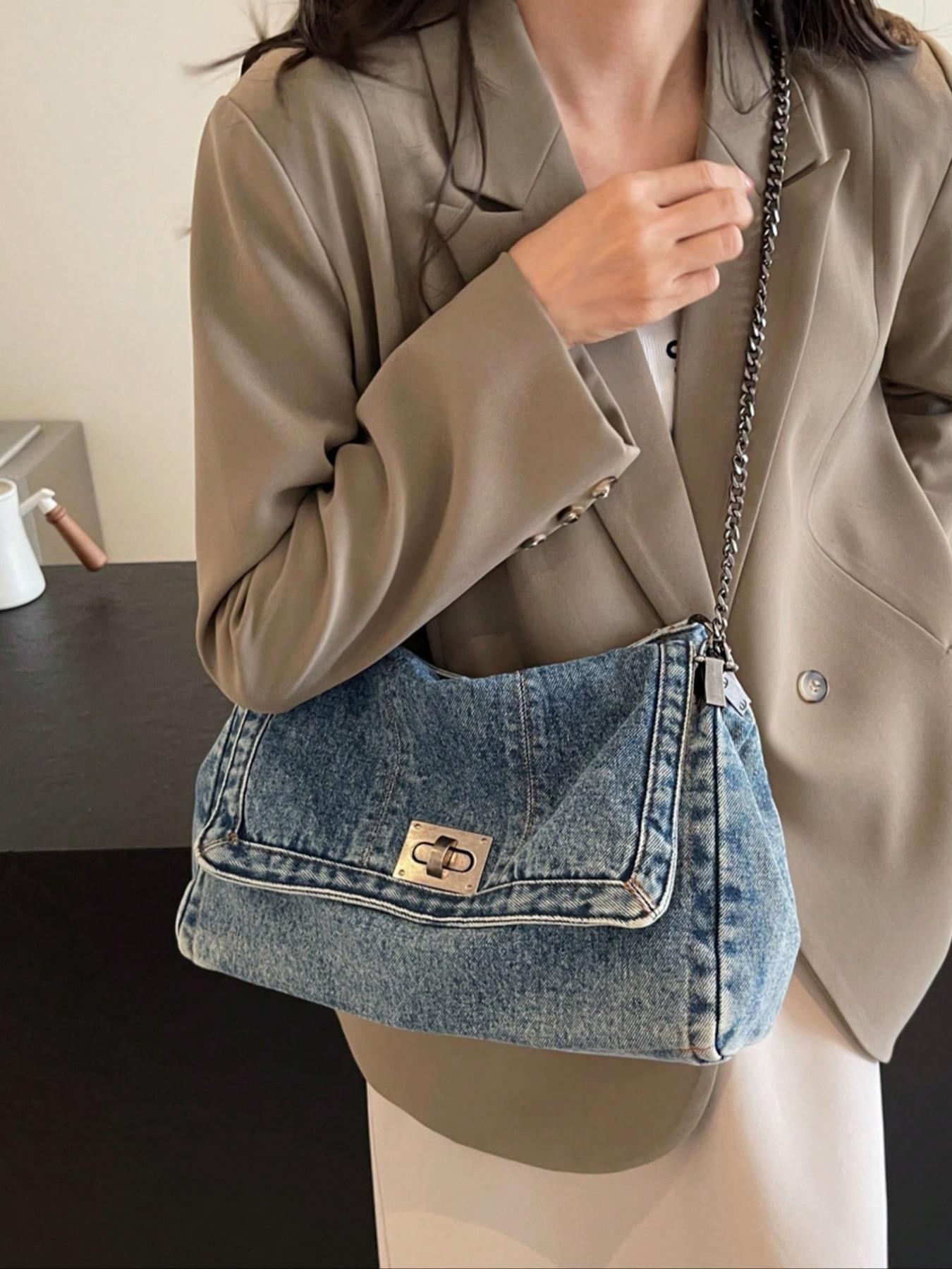 2026 Denim Bag Chain Shoulder Bag Women's Fashion Commuting Work Underarm Bag Vintage Texture Travel Handbag