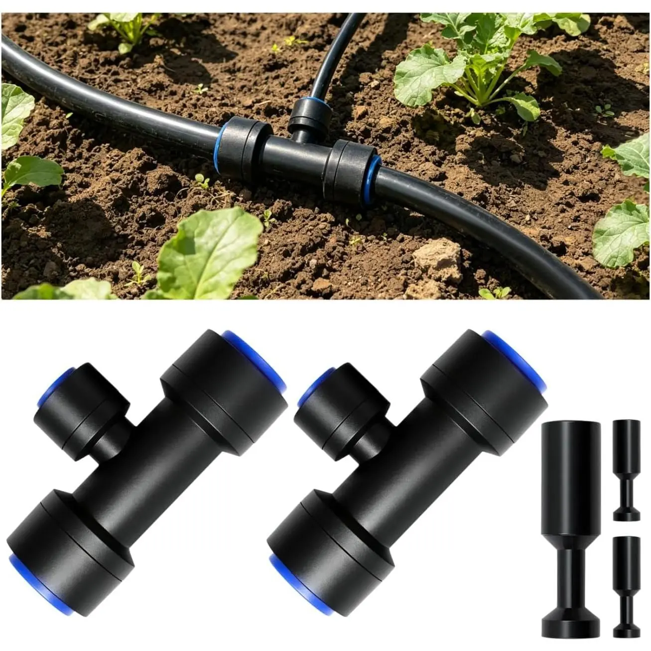 2 Pack 3-Way Drip Irrigation Connector, 3/8" to 1/4" Quick Connect Fittings | 3-way Irrigation Connectors with End Caps, Push-fit, Splitting 3/8" Main Tubing to 1/4" Lines, Easy Garden Setup, Leak-free
