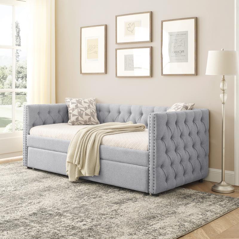 Daybed with Trundle Upholstered Tufted Sofa Bed, with Button and Copper Nail on Square Arms,both Twin Size, Beige(85"x42.5"x31.5")