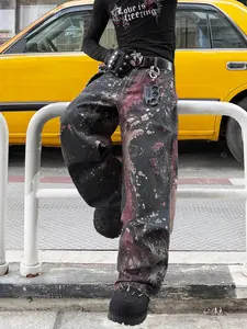 Men's Loose-Fit Rust Jeans, Artistic All-Over Print, Street Style, Four-Season Casual Wear, No Belt Included, Unlined