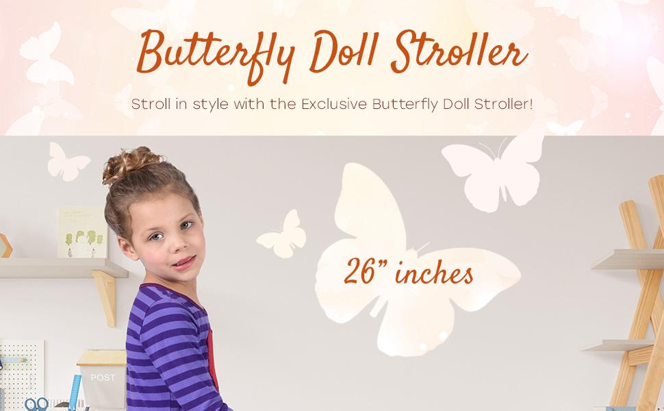 Convertible Combo Baby Doll Stroller for 3 Year Old Girls & Up |   Play Toy Baby Stroller for Dolls, Folding Adjustable Bassinet Carriage Buggy with Storage Basket (Beige Butterfly)