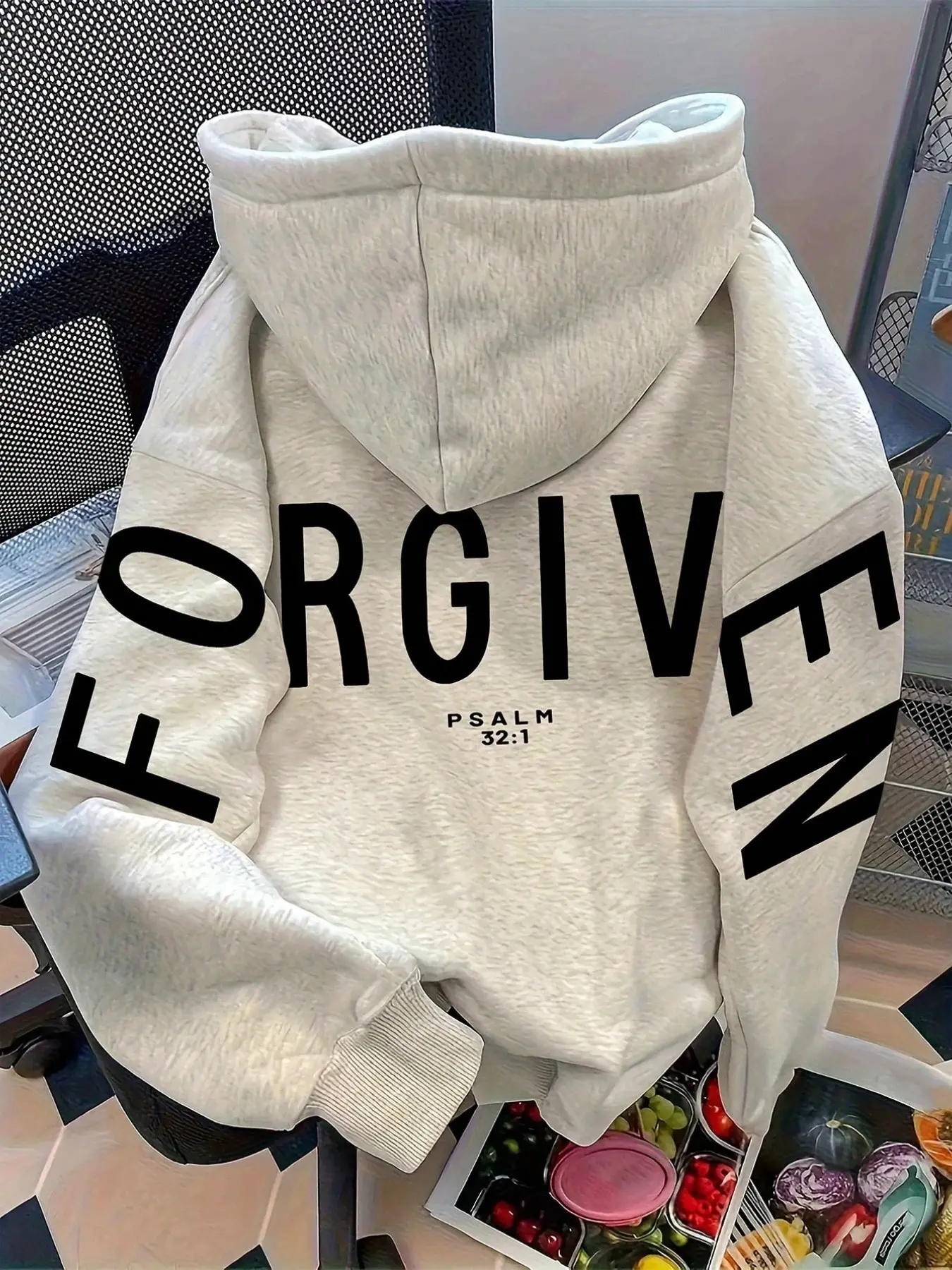 Loose Hooded Sweatshirt, Backside Large Forgiven Psalm 32:1 Letter Print, American Christian Casual Street Style, Lazy Daily Top