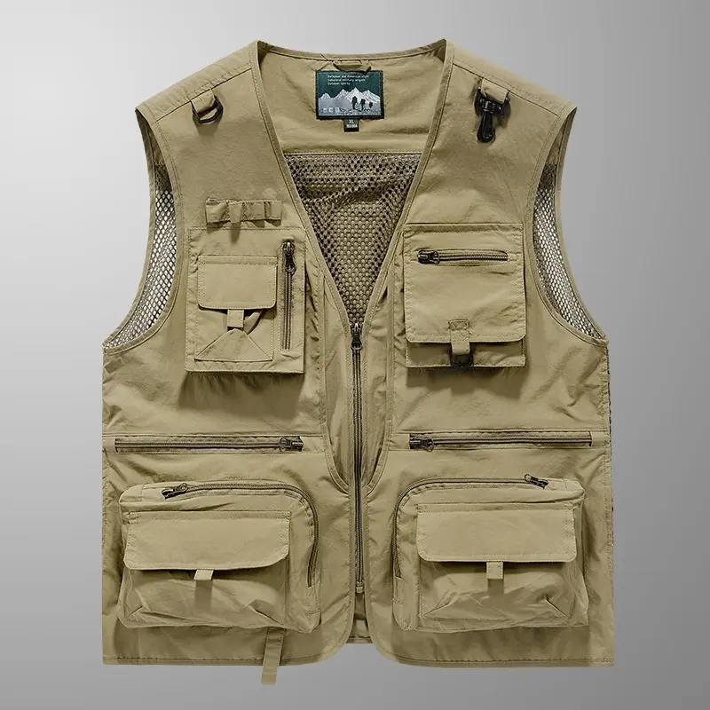 A multi-pocket outdoor fishing utility vest, featuring lightweight quick-dry and wear-resistant fabric, breathable mesh lining, a V-neck with a full front zipper, and a functional outdoor style ideal for fishing, hiking, photography, and daily street outi