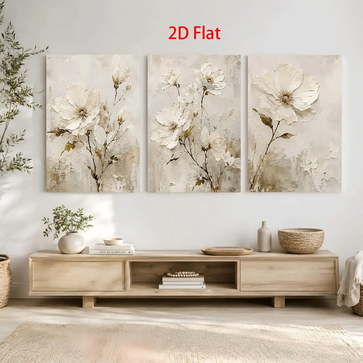 3-Piece 2D Wooden Framed Canvas Hanging Print Set - Artistic 3D White Floral Artwork with Textured Beige Background, Home Decor for Wall, Ideal for Living Room, Perfect Gift for Home Decor Enthusiasts, Decorative