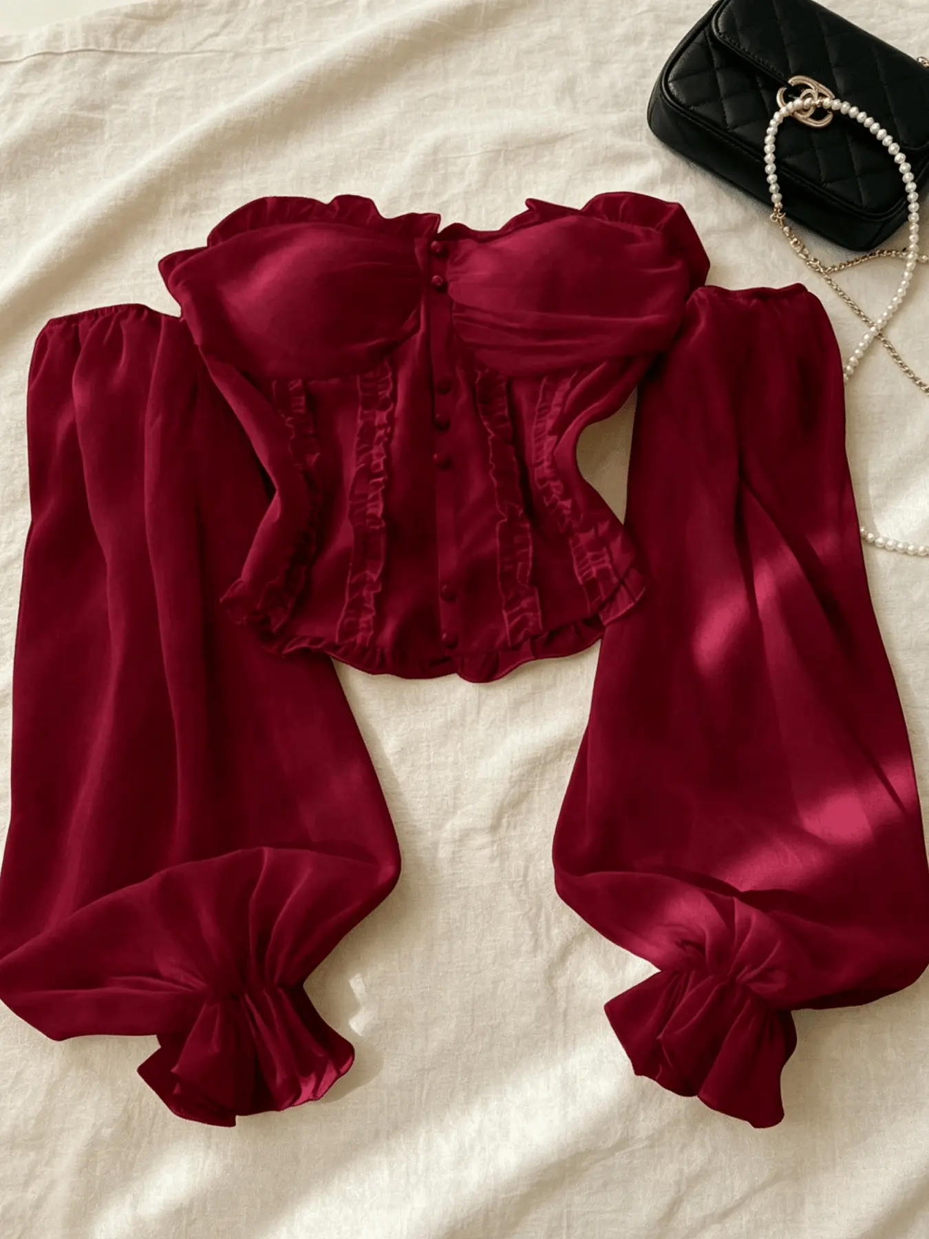Women's Off-the-Shoulder Ruffled Blouse, Slim Fit Lantern Sleeve Button-Up Top for Work, Shopping & Casual Wear