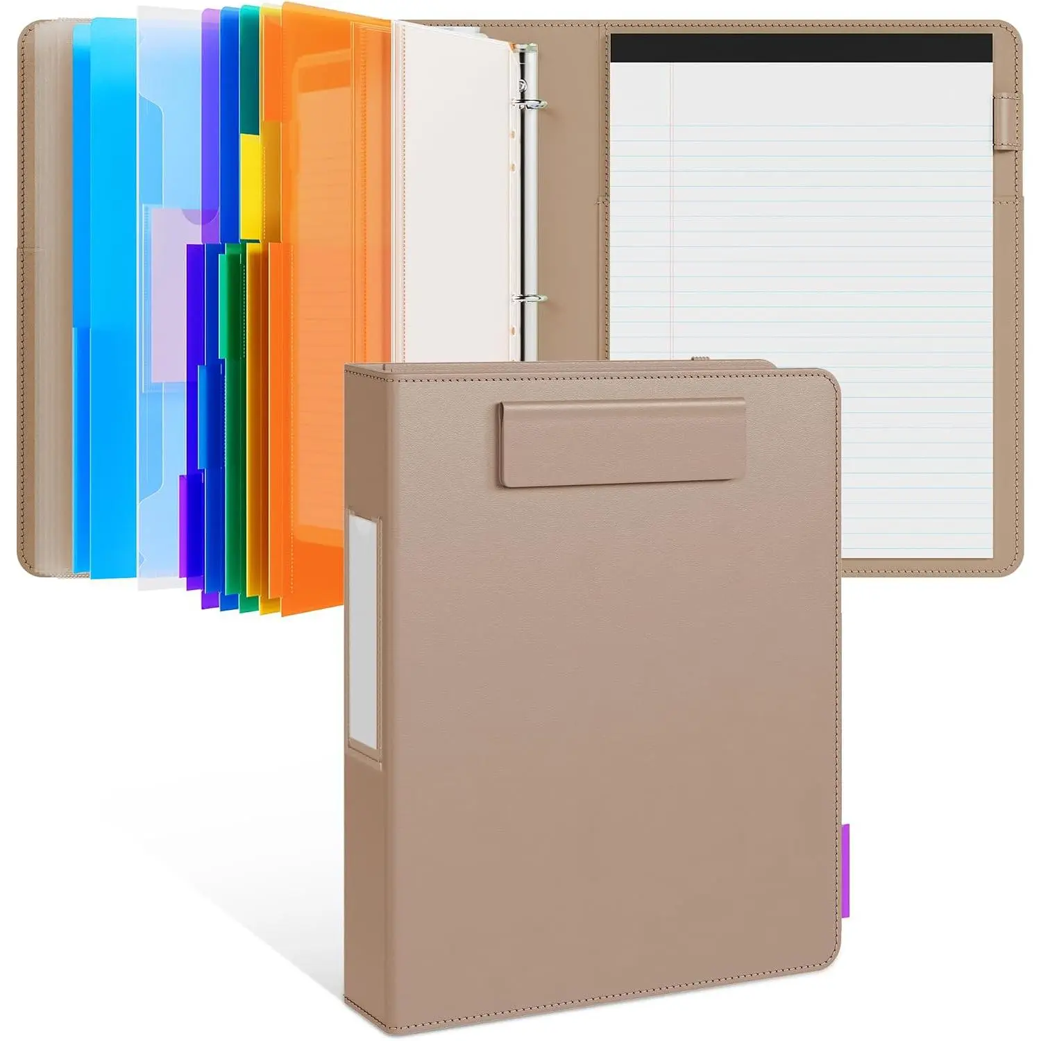 3 Ring Binder Clipboard with Storage, 5 Folders, Khaki | 3 ring clipboard portfolio combines five expandable folders, a refillable letter-size notepad and storage