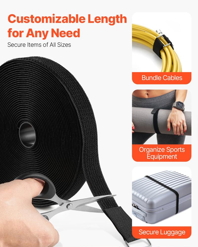 VEVOR Cable Ties, 393.7-Inch Adjustable Hook and Loop Straps with 50 Metal Buckles, Reusable Velcro Cords Straps, Cut-to-Length Wire Strap, Heavy-Duty Nylon Cord Ties for Organizer and Management