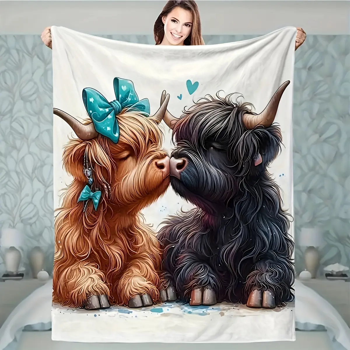 Flannel Throw Blanket Cute Kissing Highland Cow Couple with Teal Bow & Heart Print Soft Plush Blanket for Sofa Bedroom Dorm Decor Back to School Gift,Multi-Purpose Throw for Office, Camping, Travel, or Home Use, All-Season Gift with Adorable Cow Design