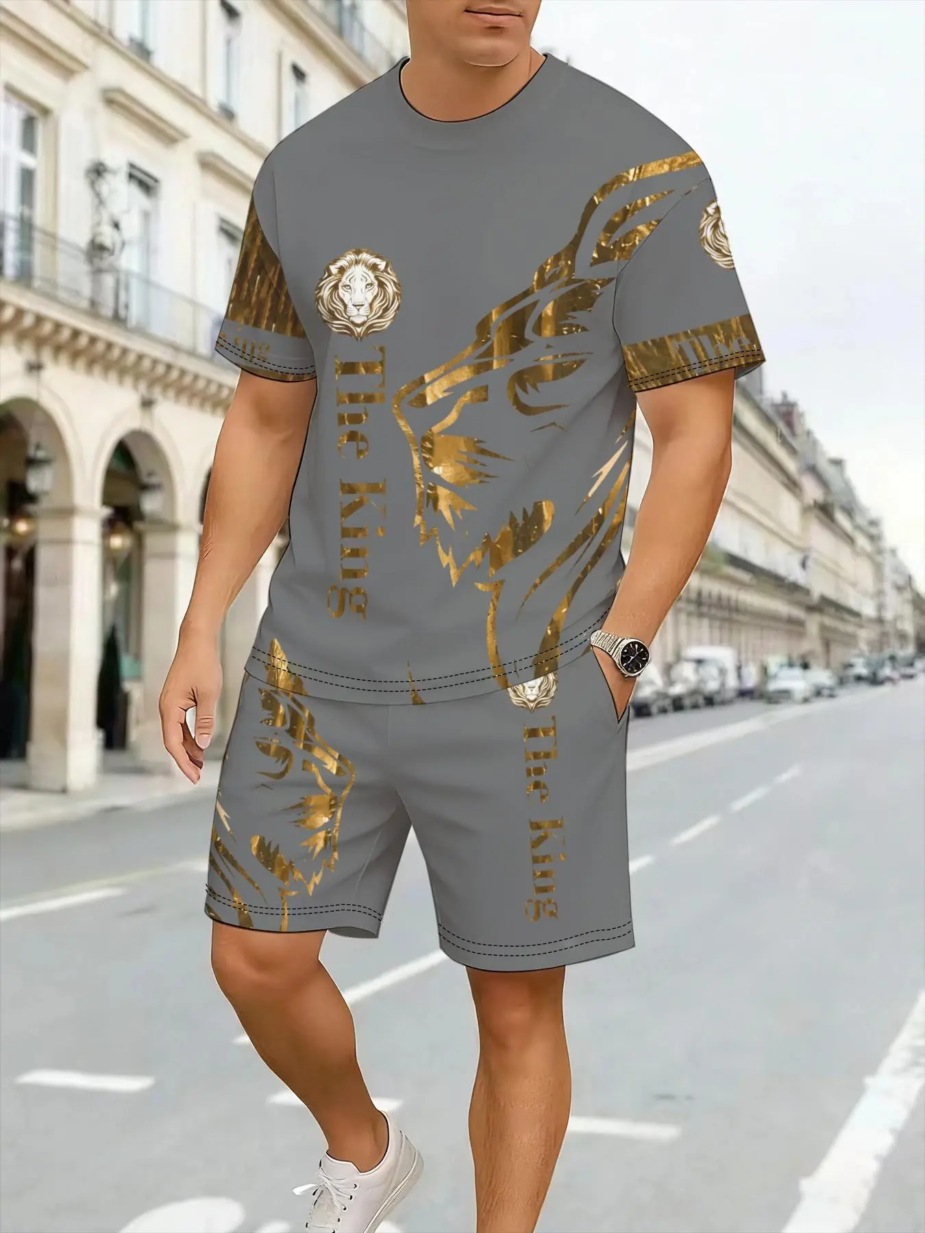 Men's Lion Pattern Set, Casual Short Sleeve Top and Track Shorts, Geometric Print, Drop Waist, Fitted, Comfortable Daily Wear