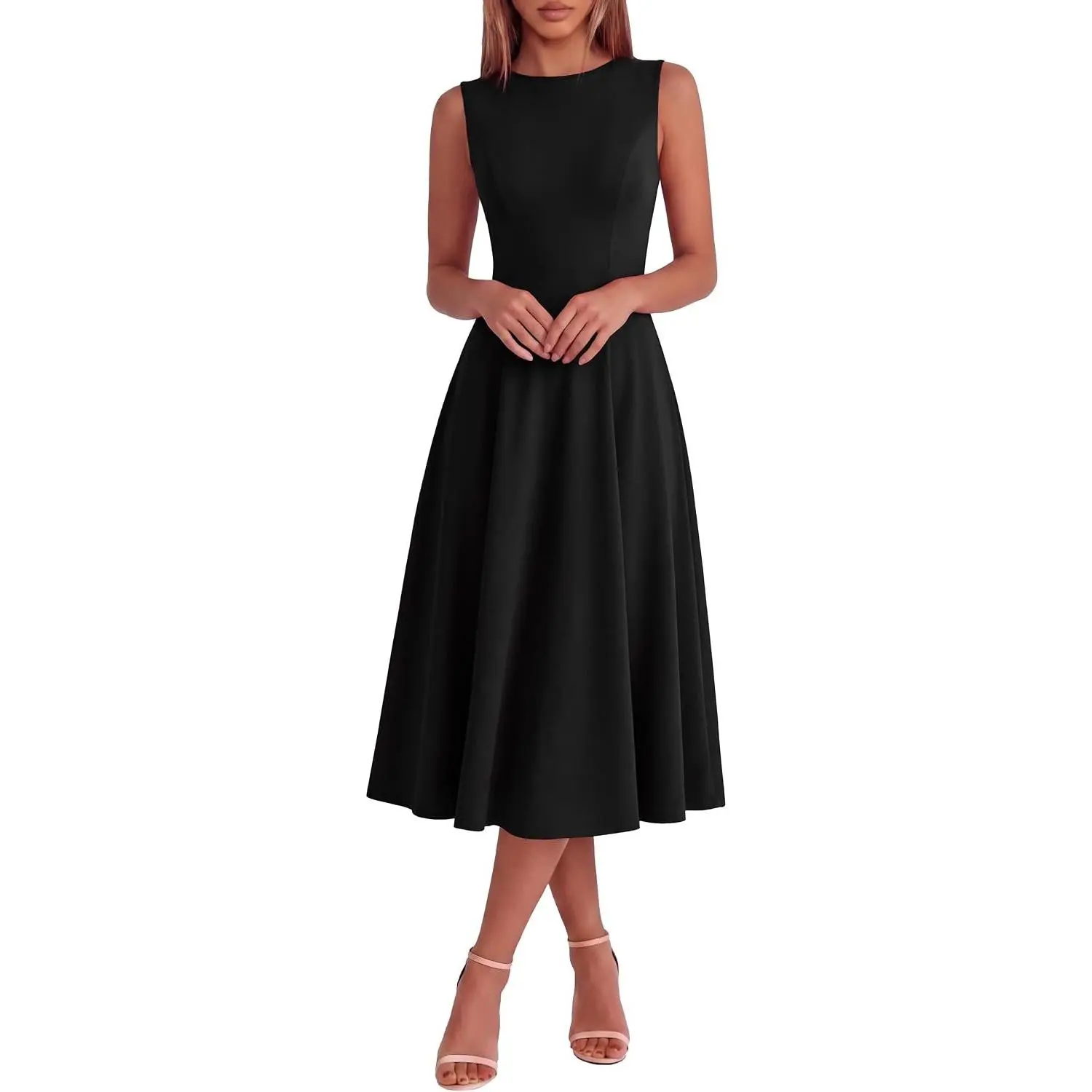 Womens Summer Sleeveless Formal Wedding Guest Midi Cocktail Dress | Crewneck Sleeveless Tank A Line Dress, Party, Spring Modest Flowy, Elegant Classy Casual, Bridal Shower, Vacation Church
