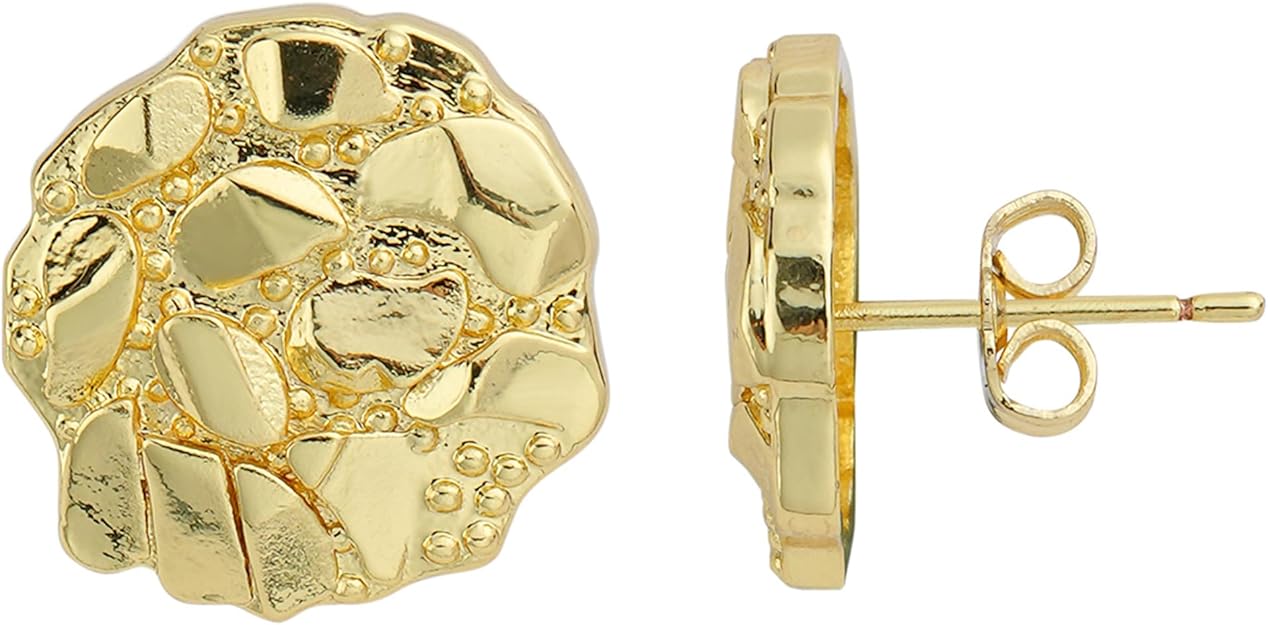 14K Gold Plated Round Nugget Stud Earrings, Textured Irregular Statement Studs, Trendy Earrings for Women