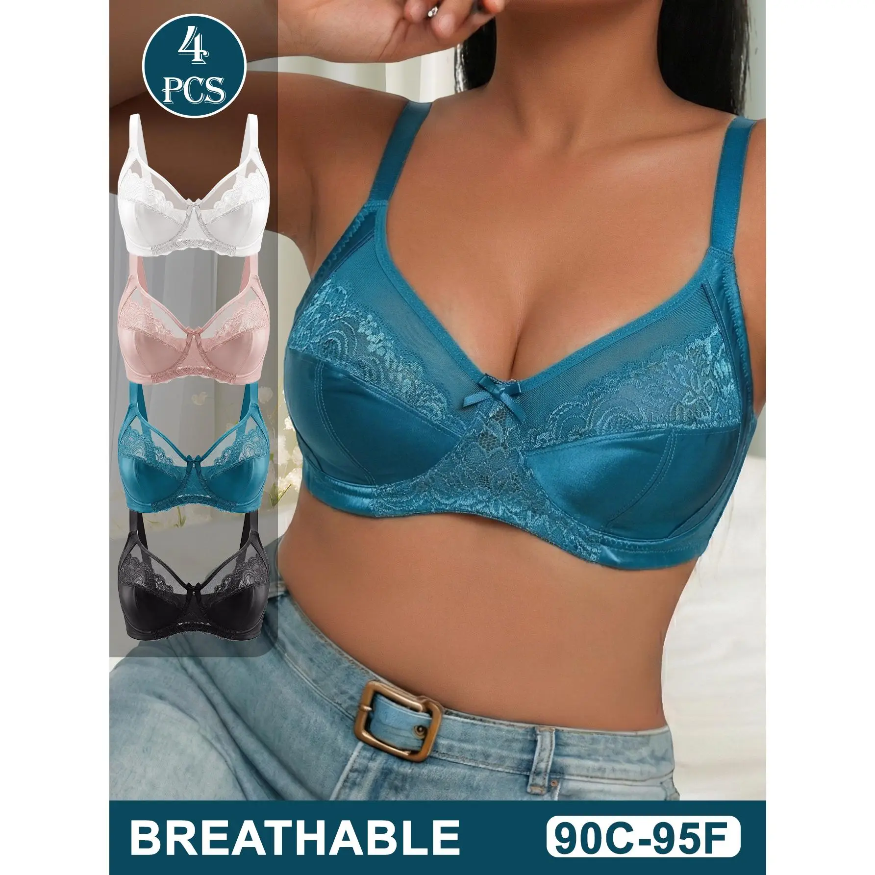QUASTI 4-Pack Women's Plus Size Underwire Lace Bras, Padded Ultra Soft Supportive Smooth Bras, Fresh Sweet Lightweight Breathable Comfort Everyday Lingerie 40C-42F