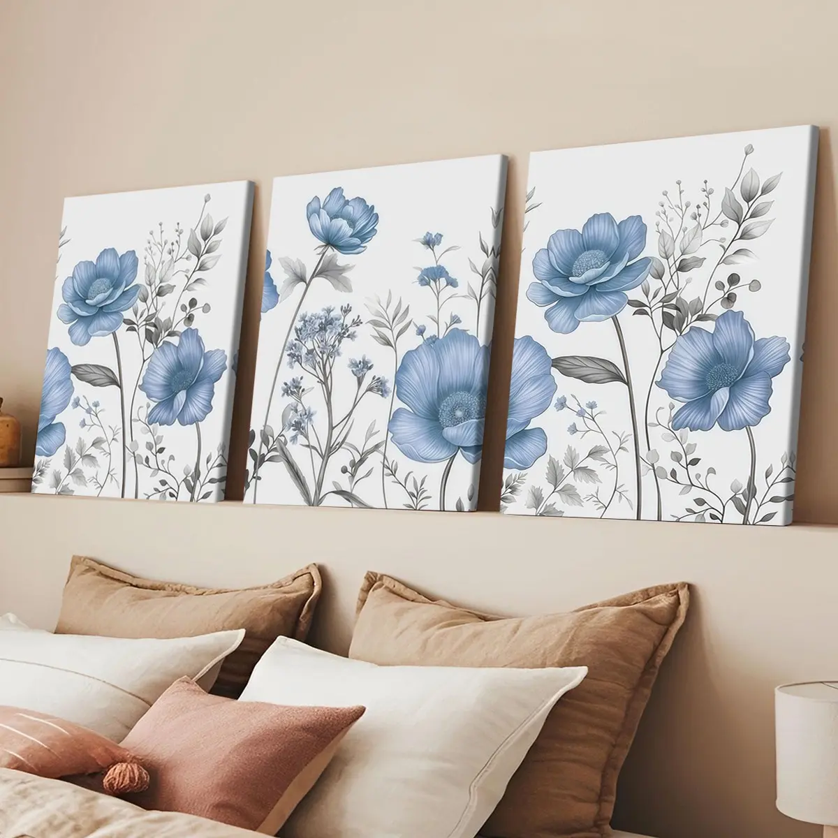3-Piece Wood Frame Canvas Art, Light Blue Ink Floral Wall Decor, Modern Home Decoration, Waterproof, Suitable for Bedroom, Living Room, Office