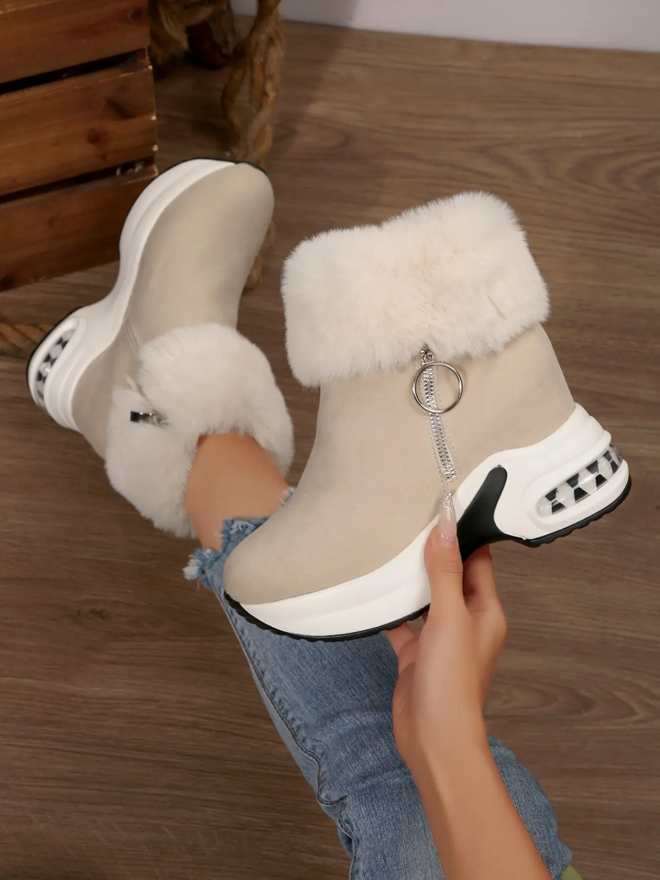 Women's Maroon Faux Fur Trim Ankle Casual Boots, Side Zipper Full Lining Height Boost Warm Winter Shoes, Anti-Slip Thick Sole Outdoor Cold Weather Boots