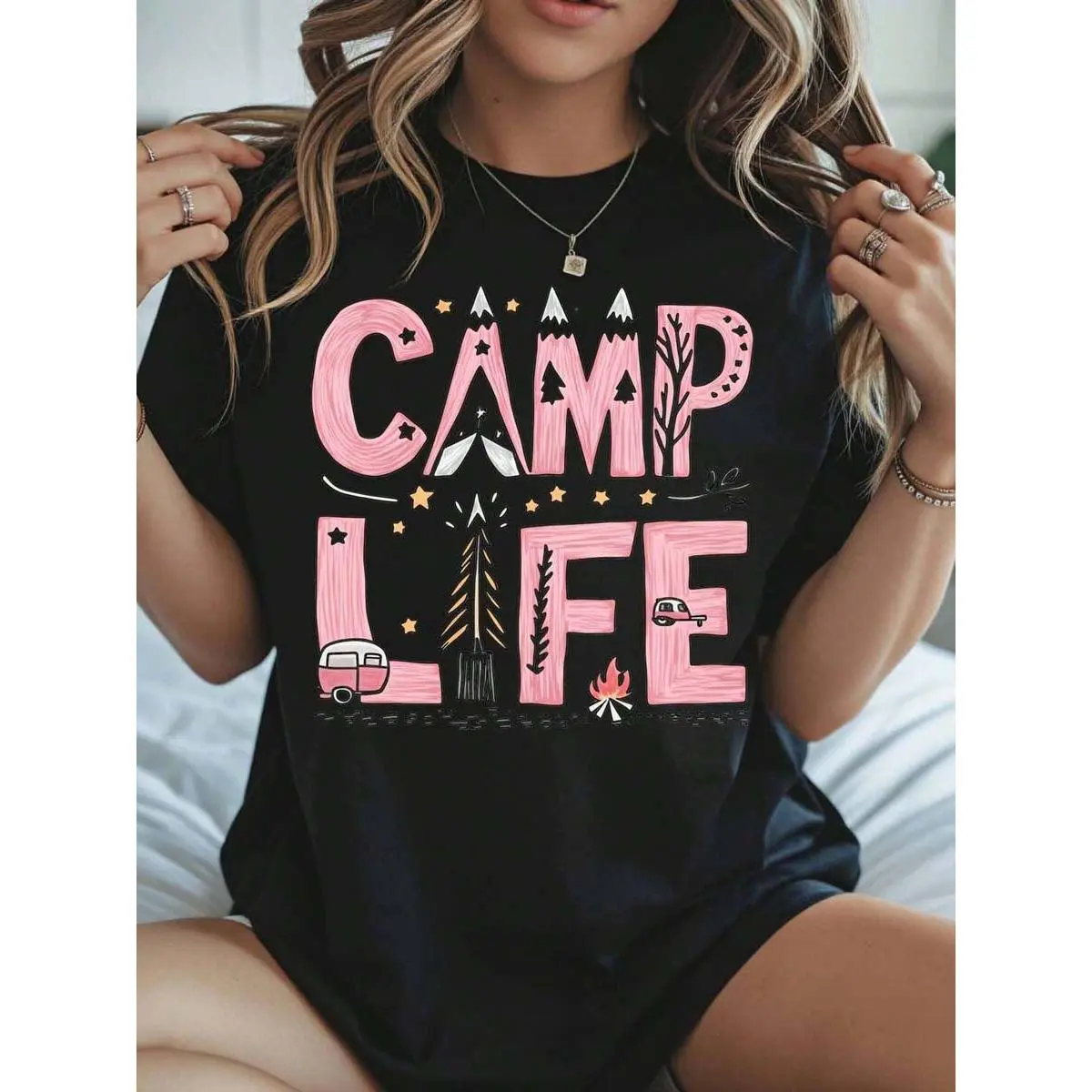 Camp Life Graphic T Shirt Black Pink Camping Design With Trees Tent Car And Fire For Outdoor Adventure And Nature Lovers
