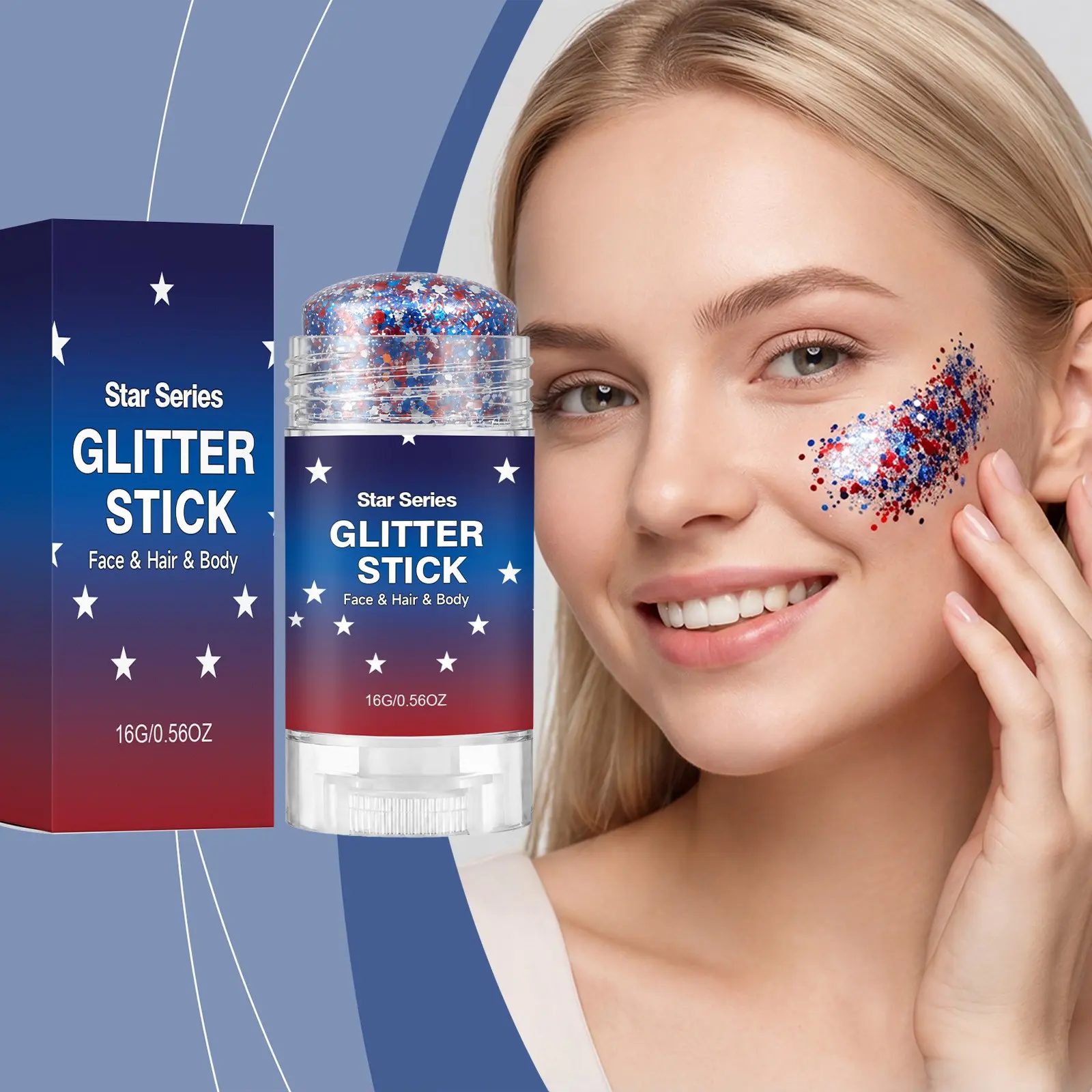 Star Series Glitter Stick, Blue Silver Color, Long-Lasting Shine, Handheld Rotating Design, Perfect for Parties and Makeup