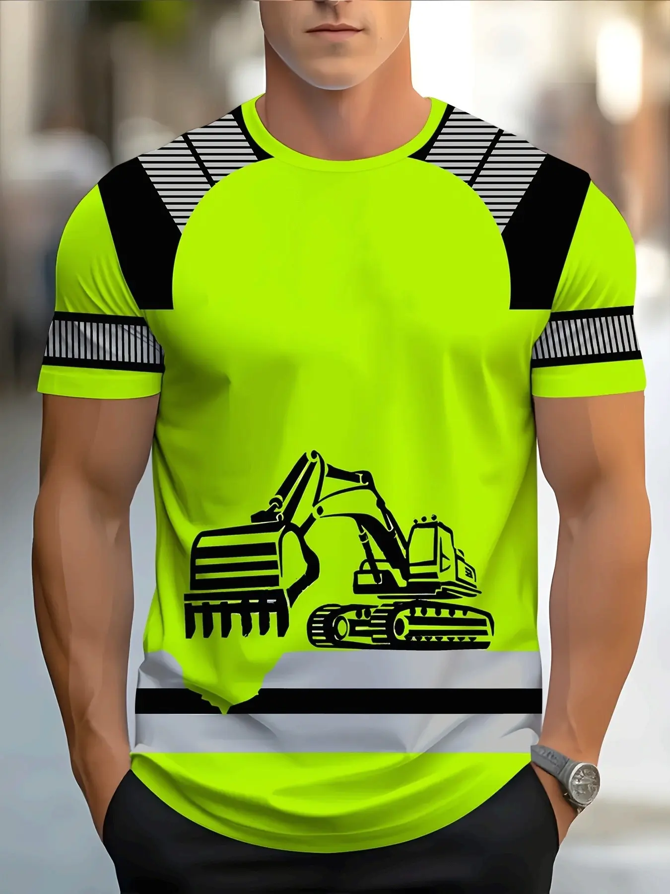 Men's Fluorescent Short Sleeve T-Shirt, Excavator Print Workwear, Casual Fitted Top, Building & Cleaning Leisure Shirt