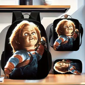 Chucky the Ghost Doll Realistic Horror Three-Piece School Bag Set, featuring a black backpack, insulated lunch bag, and pencil case, suitable for teenagers' daily school use