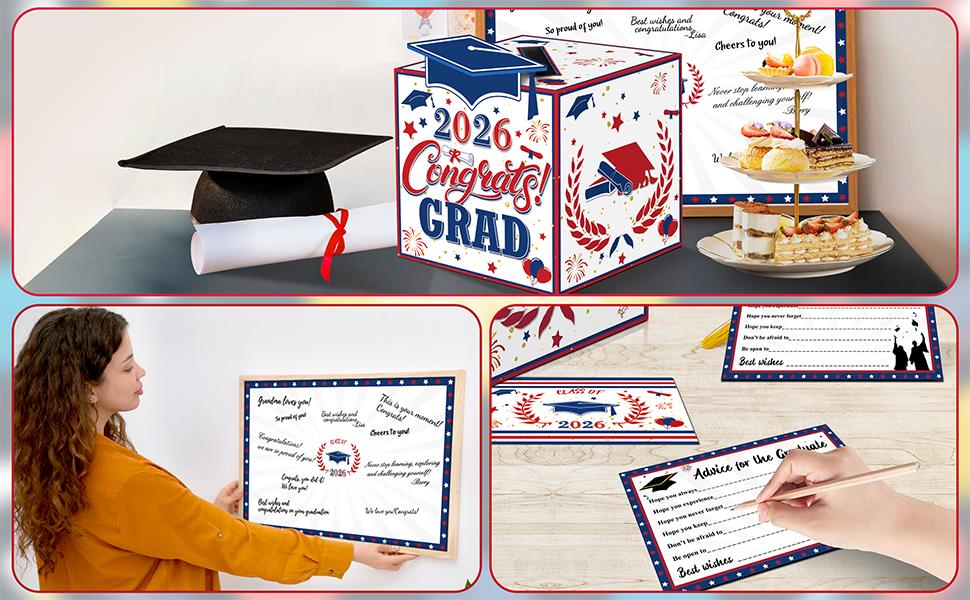 Graduation Decorations Red Blue White 2026 - Giant Guest Book Alternative,Graduation Cards Box with 36PCS Graduation Advice Cards,Signature Board Congrats Grad Decorations Supplies 2026