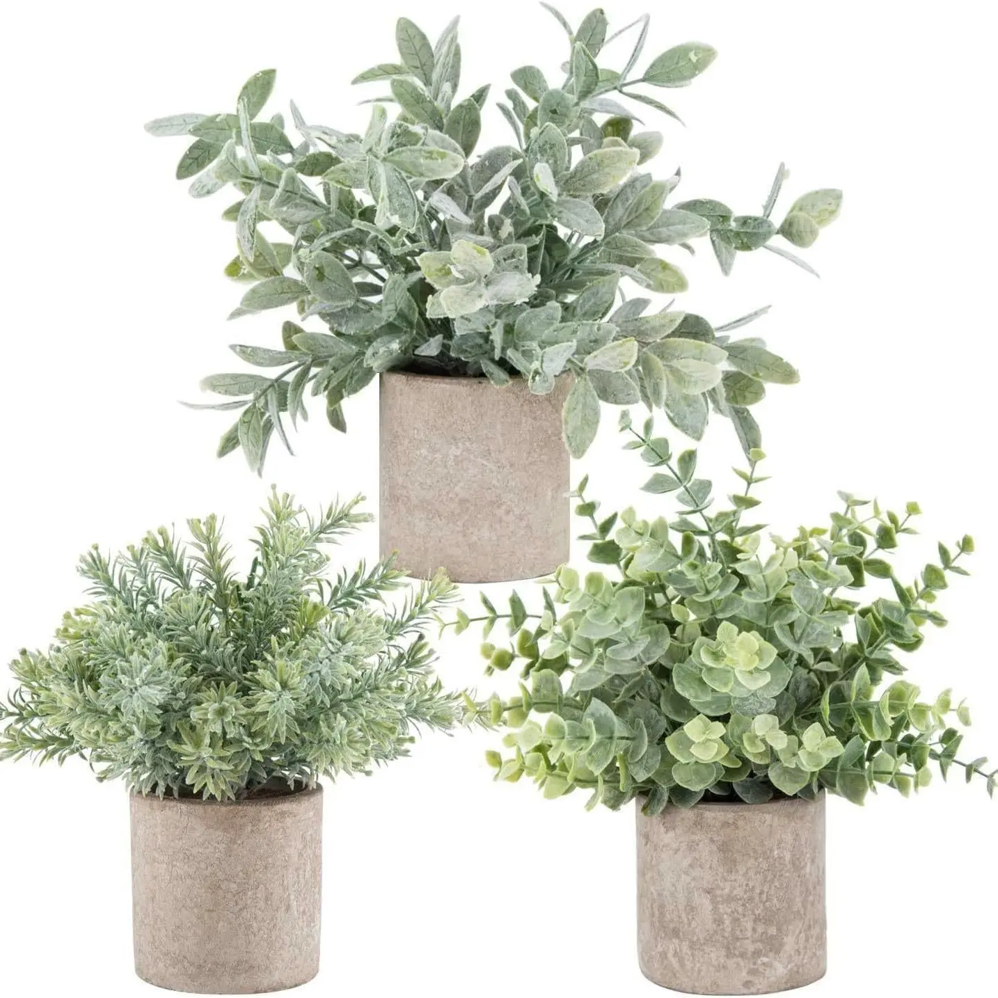 3-piece mini realistic eucalyptus plastic potted plants, artificial greenery table ornaments, suitable for Halloween and Christmas scene decoration, can be placed on home desks, office desks, or farmhouse rooms for soft decoration.