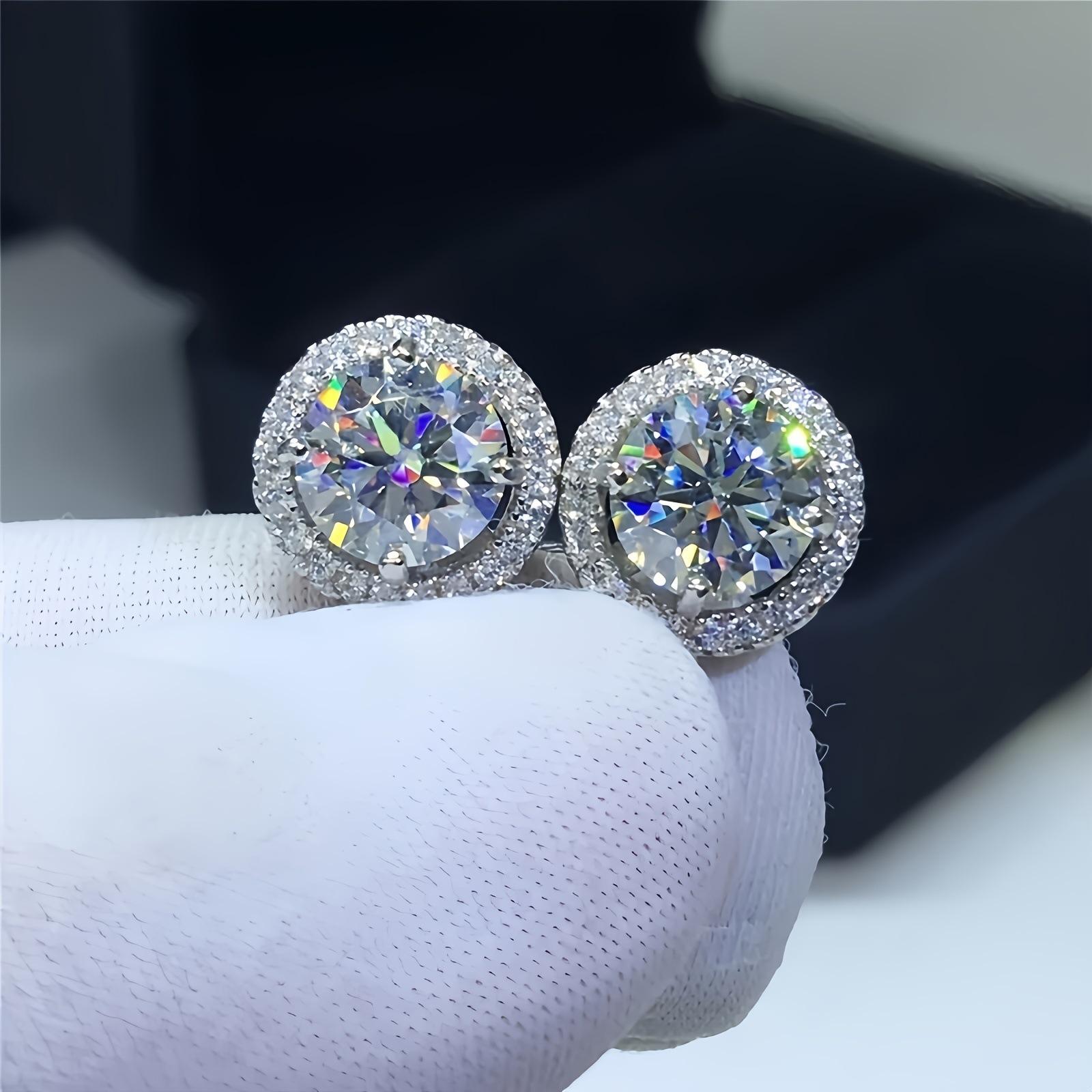 Women's Full Diamond Stud Earrings, Single-Carat Princess Round Cut Simulated Moissanite Earrings, Women's Ear Jewelry