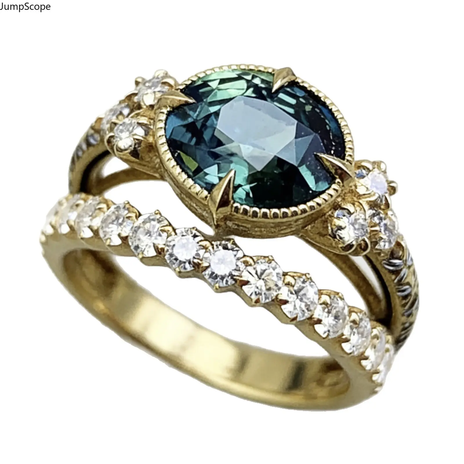 14K Vintage Gold Plated Teal Green Sapphire CZ 2Pcs Bridal Ring Set, Spike Prong Floral Milgrain Solitaire & Mixed Cut Pave Eternity Stackable Band, Retro Dark Forest Engagement Wedding Jewelry For Women