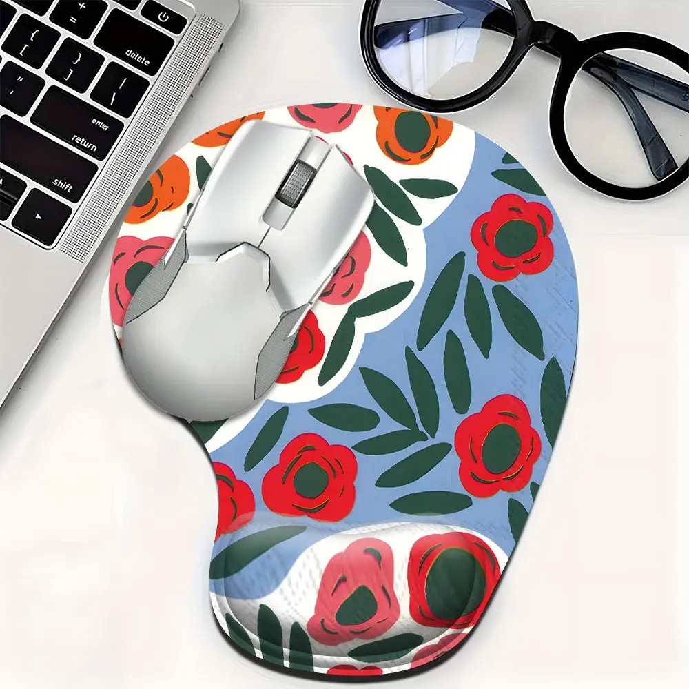 Crimson Floral Collage Ergonomic Mouse Pad with Wrist Rest, Ultra-Soft Polymer Gel Frictionless Mousepad, Ergonomically Formed Wrist Bed, Kawaii Desk Accessories for Laptop