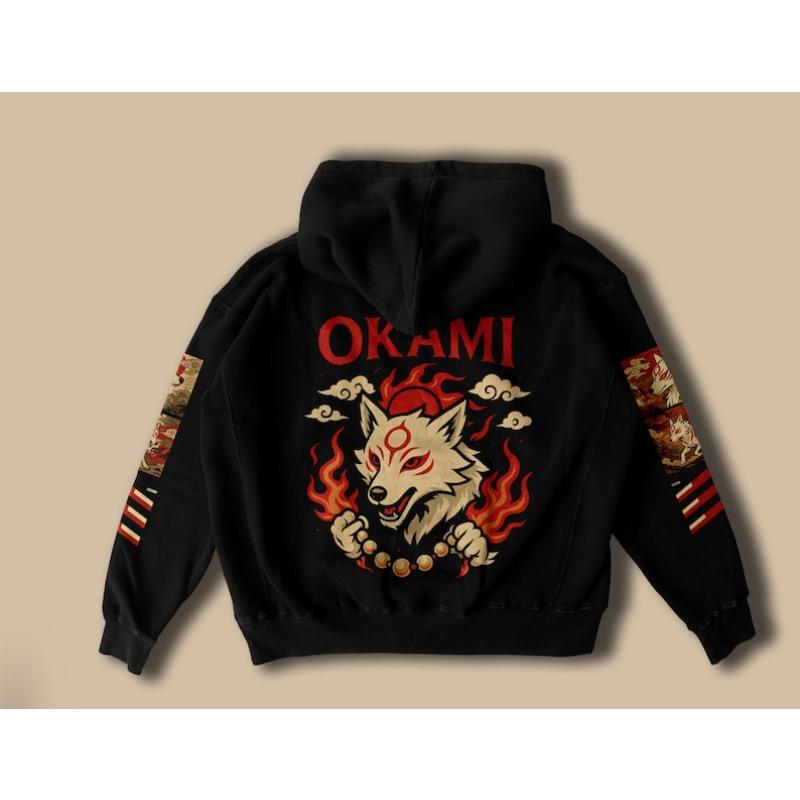 Okami Wolf Hoodie – Japanese Mythic Streetwear, Fire Spirit Techwear Hoodie, Oversized Unisex Gift