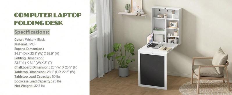 Indoor furniture  Folding Floating Convertible Wall Mounted Table Space Saving Computer Laptop With Storage Bookcase Chalkboard Foldable Writing Desk Home Bed Room Office Furniture White Black