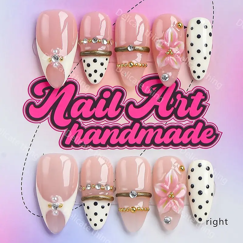 Y2K Style Almond Nails, Handmade Reusable False Nail Set, 4 Sizes (XS/S/M/L), Perfect for Parties, Dates, Gifts for Women, Includes Jelly Glue, Crystal Stick, File
