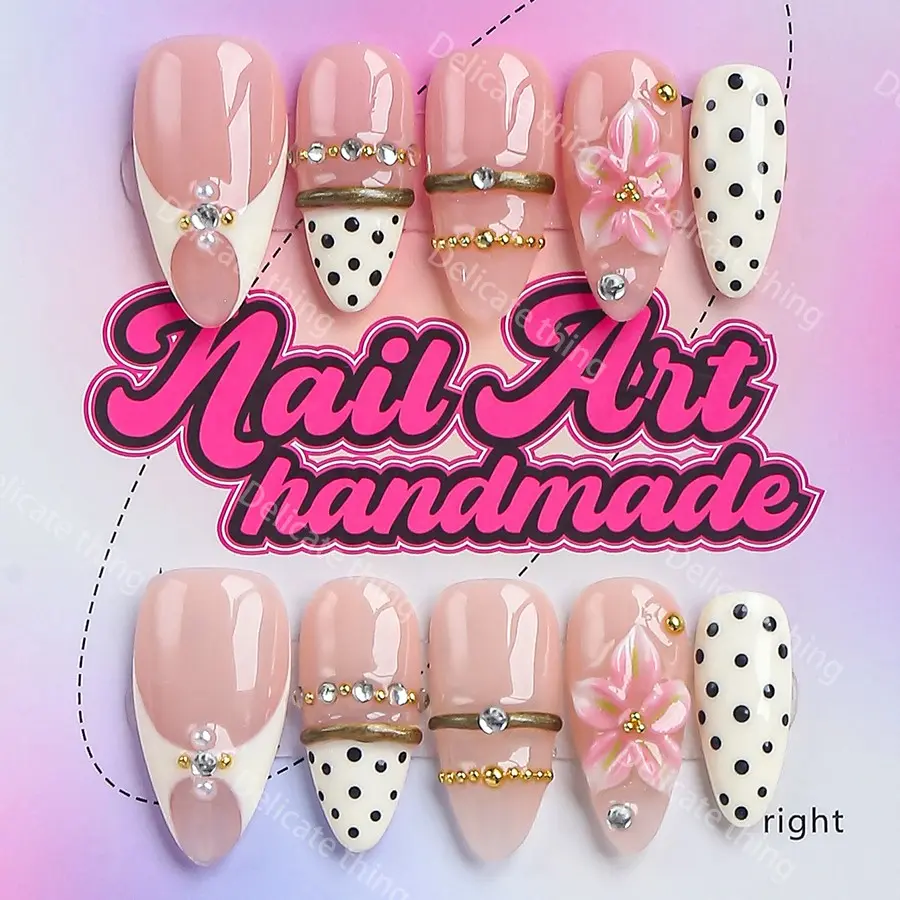 Y2K Style Almond Nails, Handmade Reusable False Nails, 4 Sizes (XS/S/M/L), Perfect for Parties, Dates, Gifts for Women, Includes Jelly Glue, Crystal Stick, File