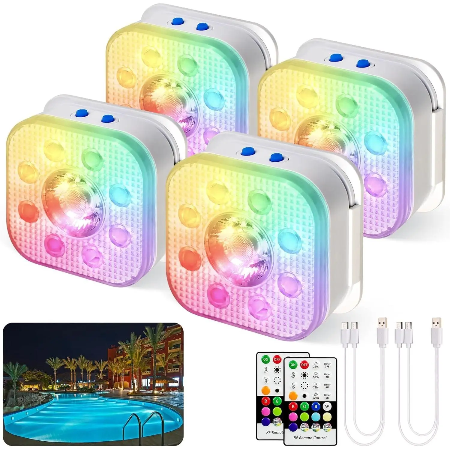 Rechargeable Submersible LED Pool Lights with Remote, Waterproof Magnetic Floating Light, Underwater Battery Spotlight for Above Ground/Inground Swimming Pools, Hot Tubs, Fountains - 4 Pack
