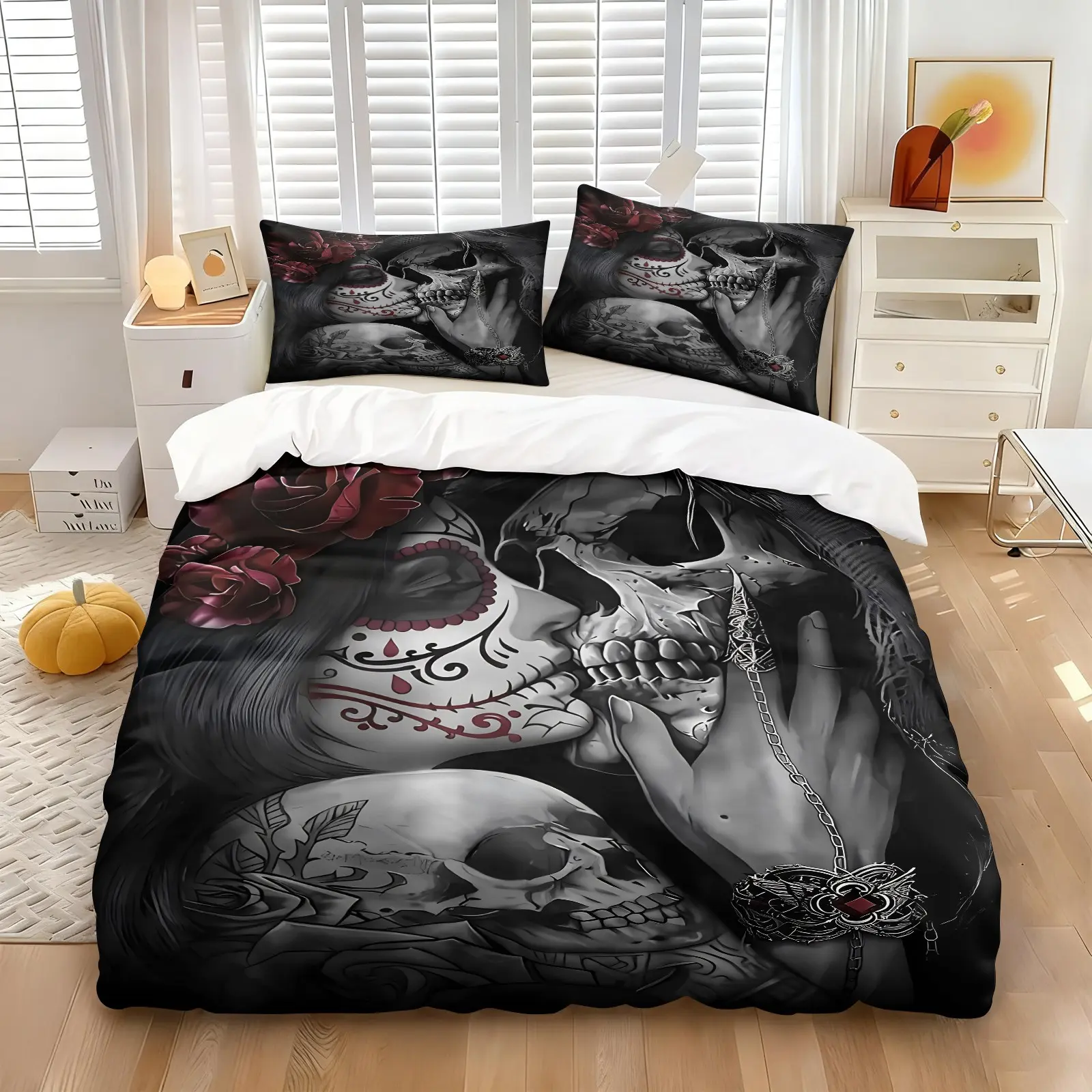 Gothic Sugar Skull Couple Duvet Cover Set, Includes 1 Duvet Cover + 1/2 Pillowcases, Soft Comfortable Fabric, Black & Red Day of the Dead Kissing Printed Bedding Set, Perfect Decor For Edgy Teens, Gothic Bedroom & Dorm