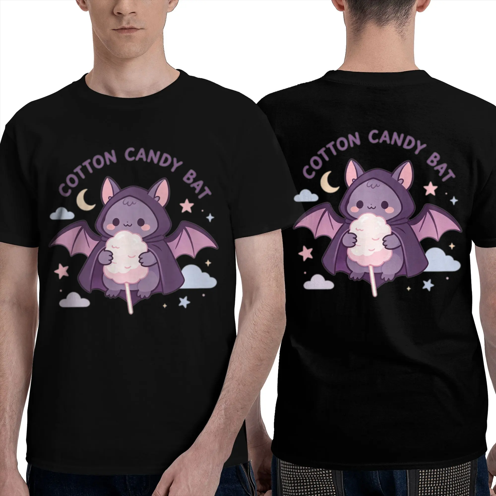 Men's Short-Sleeve Sports T-Shirt, Cute Funny Cotton Candy Bat Double-Sided Print Kawaii Spooky Graphic Crew Neck Top, Casual Daily Wear Sports Tee For Men