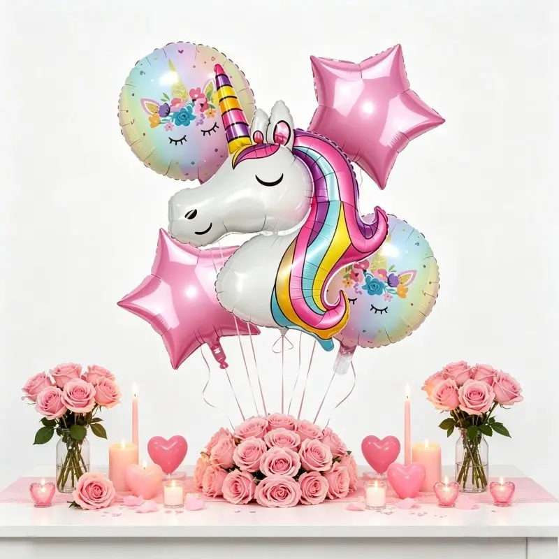 5pcs Dreamy Floral Unicorn Balloons, Rainbow Gradient Unicorn Head, Star Alum Foil Balloon, Party Decorations