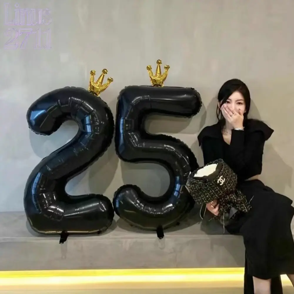 2Pcs 40 Inch Matte Black Number Foil Balloons with Gold Crown Large Digit Balloon Adult Birthday Party Photo Props Outdoor Beach Shooting Backdrop Decor Milestone Birthday Anniversary Atmosphere Layout Supplies
