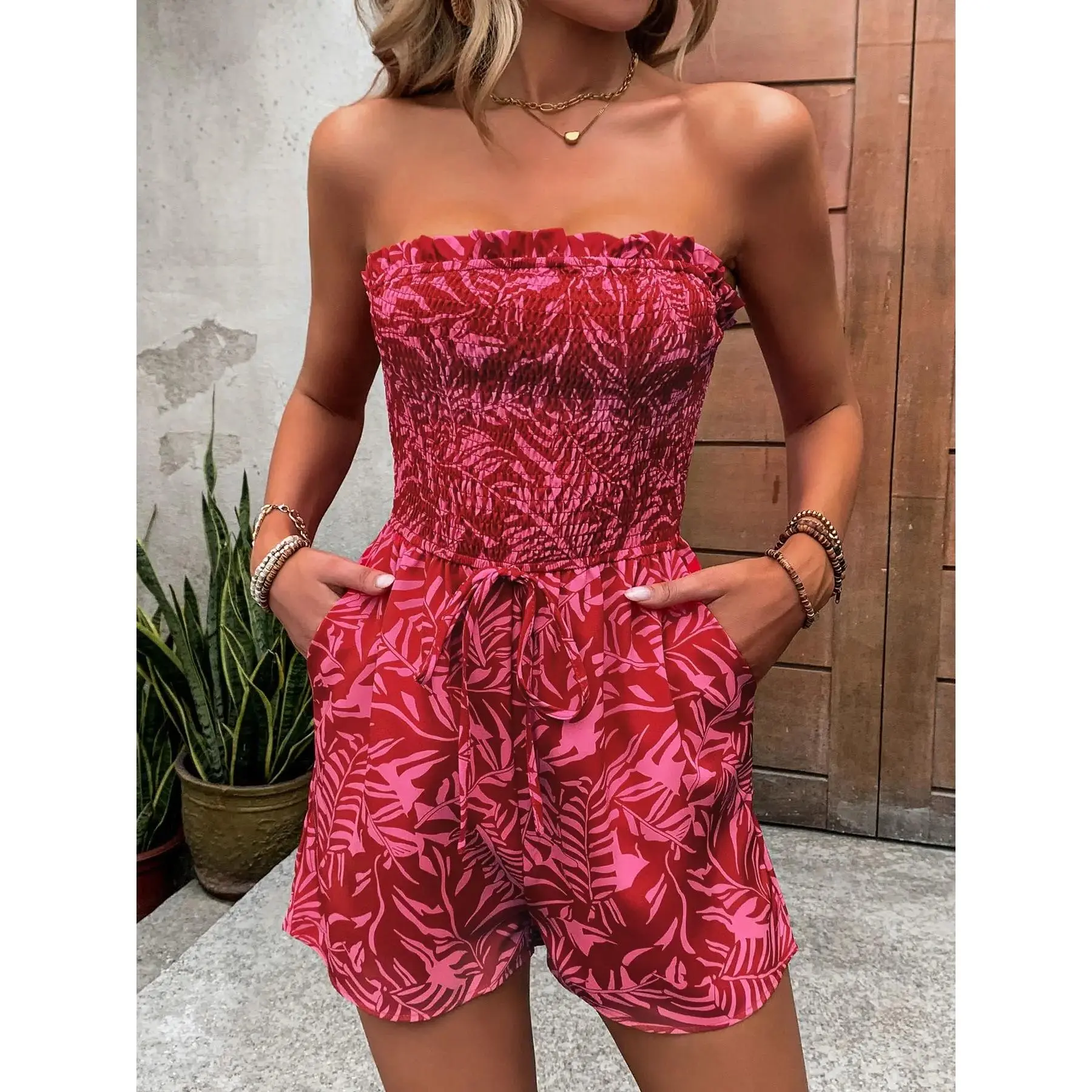 Women's Floral Print Frill Trim Shirred Tube Romper, Boho Tie Front Pocket Strapless Sleeveless Romper for Summer, Fashion Women's Clothes For Beach Holiday Vacation