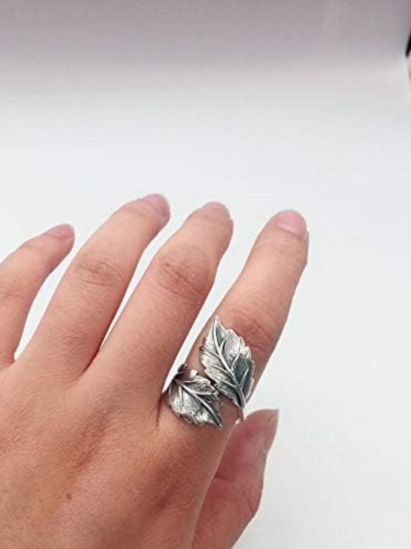 925 Sterling Silver Vintage Style Leaf Design Cuff Ring, Adjustable Open Ring, Fashion Hand Jewelry Accessories for Women & Men, Elegant Ring